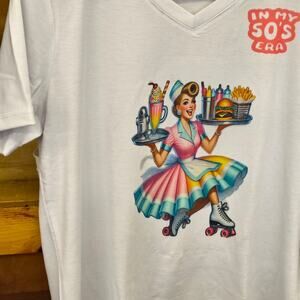 Sublimation Ladies  Polyester Shirt with a  Waitress on it with   In my 50's era